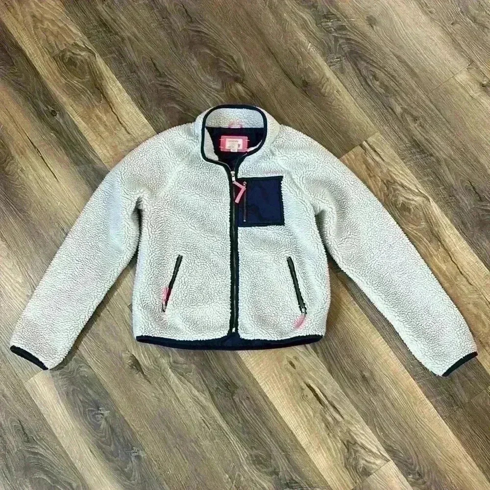 jcrew crewcuts kids sherpa jacket zip front girls 14 cream, navy, & neon pink